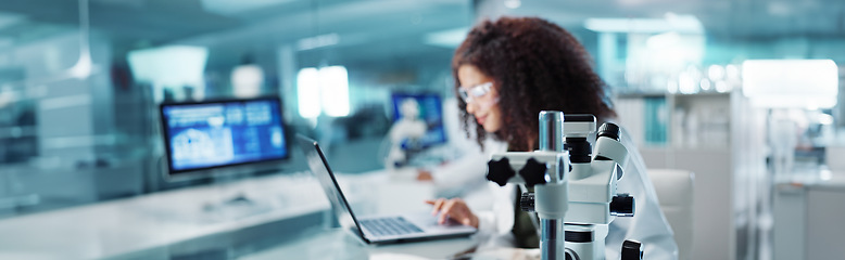 Image showing Laptop, woman or scientist with microscope or research in lab for chemistry report or medical test feedback. Bacteria, person typing or science update for online medicine development news on website