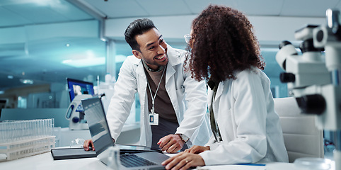 Image showing Scientist, teamwork and happy with laptop in laboratory for test breakthrough, pharmaceutical review or success. Science, collaboration or technology for research, discussion and digital analysis