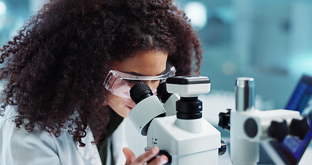 Image showing Laptop, woman or scientist in lab with microscope or research for chemistry report or medical test. Bacteria, person typing or science update for online medicine development or virus news on website