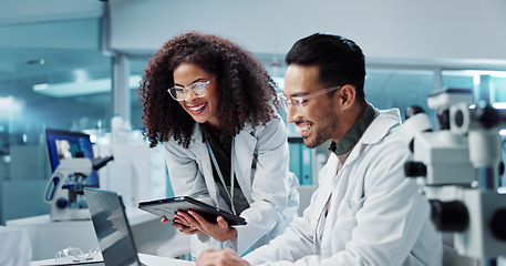 Image showing Science, teamwork and scientist with tablet in laboratory for communication, pharmaceutical review or planning. Employees, collaboration and technology for research, discussion and digital analysis