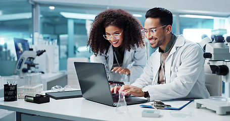 Image showing Science, teamwork and scientist with tablet in laboratory for communication, pharmaceutical review or planning. Employees, collaboration and technology for research, discussion and digital analysis