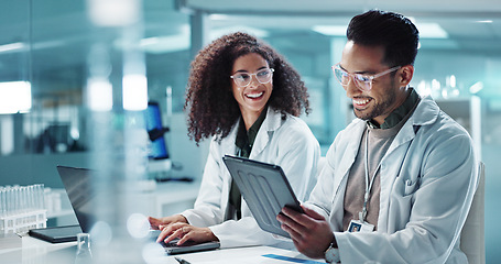 Image showing Science, teamwork and laptop with laughing in laboratory for communication, pharmaceutical review or planning. Employees, collaboration and technology for research, discussion and digital analysis