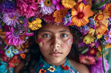 Image showing Young Girl With Flowers on Her Head - Beautiful Portrait of a Child With Floral Crown