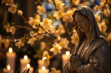 Image showing Statue of the Virgin Mary Surrounded by Candles in a Serene Setting