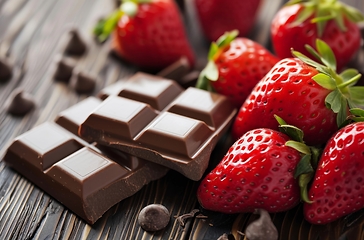 Image showing Delicious Chocolate and Ripe Strawberries on a Rustic Wooden Table