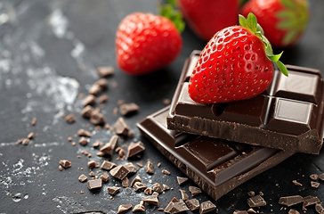 Image showing Delicious Chocolate Bars Topped With Fresh Strawberries - Irresistible Sweet Treat