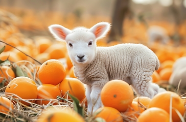 Image showing Lamb Standing in Field of Oranges