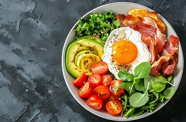 Image showing Nourishing Bowl With Eggs, Bacon, Tomatoes, Avocado, and More
