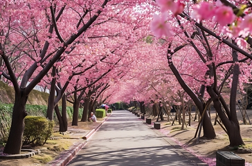 Image showing Beautiful Street With Pink Flowered Trees and Lush Greenery