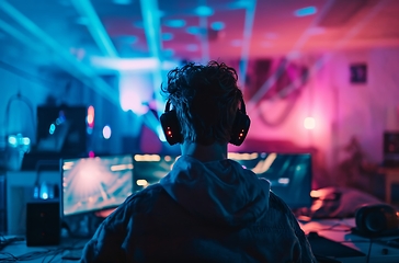 Image showing Man Wearing Headphones Sitting in Front of Computer