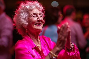 Image showing Smiling Woman in Pink Shirt Clapping With Joyous Expression