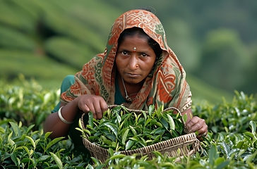 Image showing Tea picker at work in India