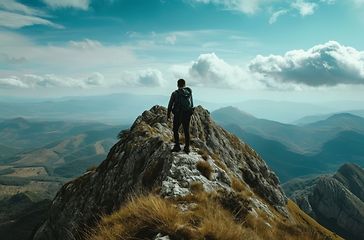 Image showing Explorer surveys the mountain expanse