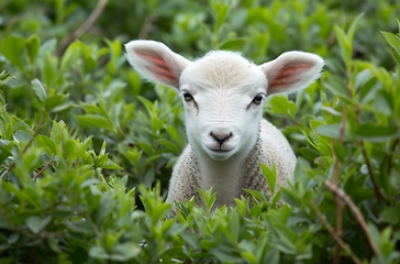 Image showing Small White Sheep in Lush Green Field