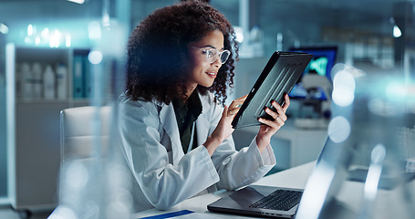 Image showing Tablet, laptop and woman scientist in lab working on medical research, project or experiment. Science, career and female researcher with digital technology and computer for pharmaceutical innovation.