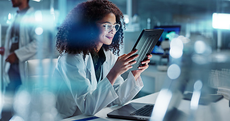 Image showing Tablet, night or scientist with research in laboratory for chemistry report or scientific test feedback. Medical health, happy woman typing or science update for online medicine development news