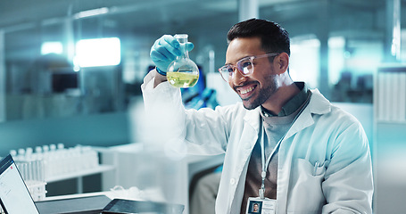 Image showing Scientist, man and chemical with laptop in laboratory for chemistry experiment, test sample and research. Science, person and liquid inspection for clinical analysis, expert investigation and happy