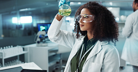 Image showing Scientist, woman and chemical with laptop in laboratory for chemistry experiment, test sample and research. Science, person and liquid inspection for clinical analysis, expert investigation and study