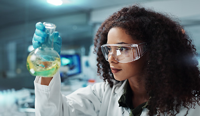 Image showing Scientist, research or woman with liquid in test tube for analysis, medical testing and analytics in lab. Biotechnology, healthcare or science person with medicine, sample and vaccine in glass vial