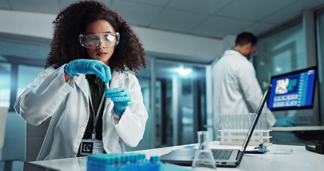 Image showing Woman, scientist or blood vial for testing in laboratory, healthcare or pathology to label on test tube. Biotechnology, pharmaceutical and laptop by doctor and online scientific results in phlebotomy