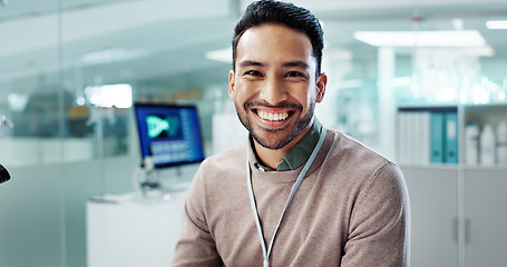 Image showing Asian man, smile and working in laboratory for innovation, pharmaceutical or research study. Male employee, happy and confident in testing facility for reviewing, development or data analysis