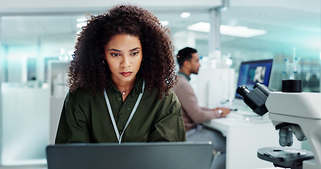 Image showing Woman. laptop and lab for research science or online internet for futuristic discovery, microscope or medicine. Female person, brainstorming and biotechnology for investigation, cure or development