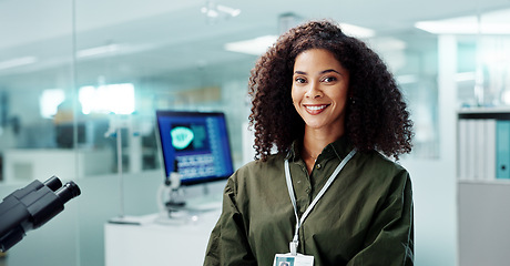 Image showing Woman, face and laboratory or research science or study for futuristic discovery, confidence or medicine. Female person, pharmacist and biotechnology or virus investigation, innovation or development