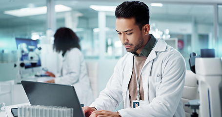 Image showing Laptop, man or scientist typing to research in laboratory for a chemistry report or medical test feedback. Internet, person reading or science update for online medicine development news on website