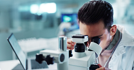 Image showing Microscope, man or scientist in research laboratory for medical test or biotechnology development. Engineer, science or person working on medicine chemistry, chemical and forensic biology or vaccine