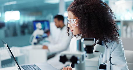 Image showing Laptop, woman or scientist with microscope or research in lab for chemistry report or medical test feedback. Bacteria, person typing or science update for online medicine development news on website