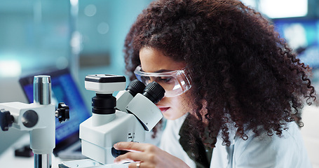 Image showing Laptop, woman or scientist in lab with microscope or research for chemistry report or medical test. Bacteria, person typing or science update for online medicine development or virus news on website