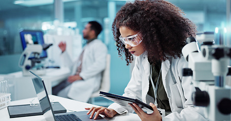 Image showing Laptop, woman or scientist in laboratory with tablet or research for chemistry report or medical test. Doctor, person typing or science update for online medicine development or virus news on website