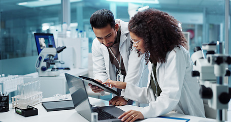 Image showing Science, teamwork and scientist with tablet in laboratory for communication, pharmaceutical review or planning. Employees, collaboration and technology for research, discussion and digital analysis