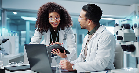 Image showing Science, teamwork and scientist with tablet in laboratory for communication, pharmaceutical review or planning. Employees, collaboration and technology for research, discussion and digital analysis