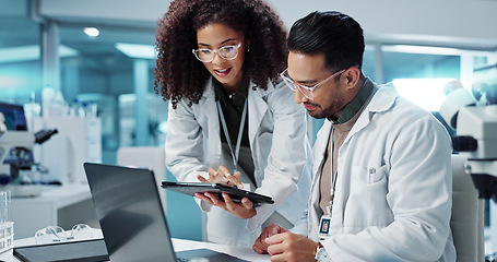 Image showing Science, teamwork and scientist with tablet in laboratory for communication, pharmaceutical review or planning. Employees, collaboration and technology for research, discussion and digital analysis