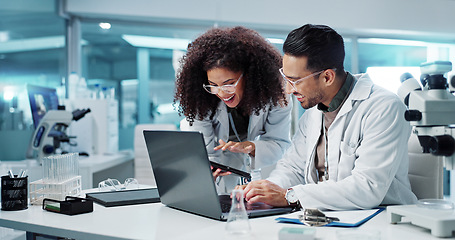 Image showing Science, teamwork and scientist with tablet in laboratory for communication, pharmaceutical review or planning. Employees, collaboration and technology for research, discussion and digital analysis