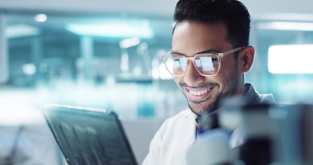 Image showing Tablet, Asian man or scientist with research in laboratory for a chemistry report or medical test feedback. Happy, person reading or science update for online medicine development news on website
