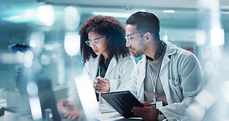 Image showing Science, teamwork and laptop with laughing in laboratory for communication, pharmaceutical review or planning. Employees, collaboration and technology for research, discussion and digital analysis