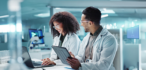 Image showing Science, teamwork and laptop with laughing in laboratory for communication, pharmaceutical review or planning. Employees, collaboration and technology for research, discussion and digital analysis