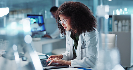 Image showing Woman. laptop and lab for research science or online internet for futuristic discovery, microscope or medicine. Female person, brainstorming and biotechnology for investigation, cure or development