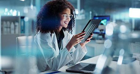 Image showing Tablet, laptop and woman scientist in lab working on medical research, project or experiment. Science, career and female researcher with digital technology and computer for pharmaceutical innovation.