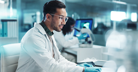 Image showing Laptop, man or scientist with microscope or research in lab for a chemistry report or medical test feedback. Bacteria, person typing or science update for online medicine development news on website