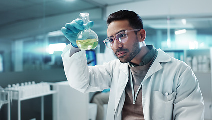 Image showing Scientist, man and chemical with laptop in laboratory for chemistry experiment, test sample and research. Science, person and liquid inspection for clinical analysis, expert investigation and happy