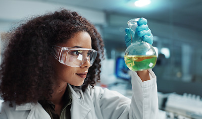 Image showing Scientist, woman and chemical with glasses in laboratory for chemistry experiment, test sample or research. Science, person and liquid inspection for clinical analysis, expert investigation and study