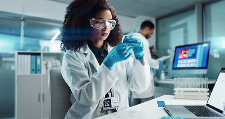 Image showing Woman, scientist or blood vial for testing in laboratory, healthcare or pathology to label on test tube. Biotechnology, pharmaceutical and laptop by doctor and online scientific results in phlebotomy