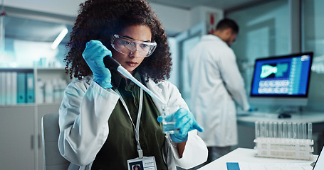 Image showing Scientist, pipette and woman with beaker for chemistry, research or experiment at laboratory. Science, glass and serious medical professional in development of cure, biotechnology or study healthcare