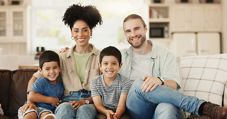 Image showing Smile, love and face of a family on sofa for relaxing and bonding together in the living room. Happy, proud and portrait of boy children or kids sitting with their young parents at their modern home.