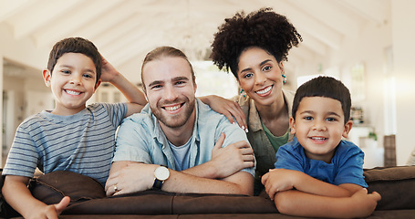 Image showing Face, smile and family in home living room, bonding and having fun together. Happy, children and portrait of parents in lounge with father and African mother enjoying quality time to relax in house.