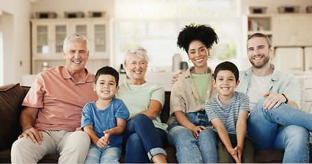Image showing Happy, smile and face of a big family on a sofa relaxing, bonding and spending time together. Happiness, love and portrait of boy children sitting with their parents and grandparents at their home.