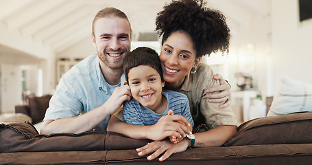 Image showing Face, happy and family in home living room, bonding and having fun together. Smile, children and portrait of parents in lounge with father and African mother enjoying quality time on sofa in house.